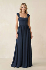 Cap Sleeve Corset A - Line Chiffon Bridesmaid Dress in Dark Navy - KISS BRIDAL Bridesmaid Dresses