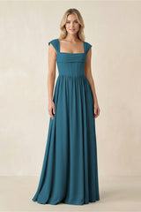 Cap Sleeve Corset A - Line Chiffon Bridesmaid Dress in Dark Teal - KISS BRIDAL Bridesmaid Dresses