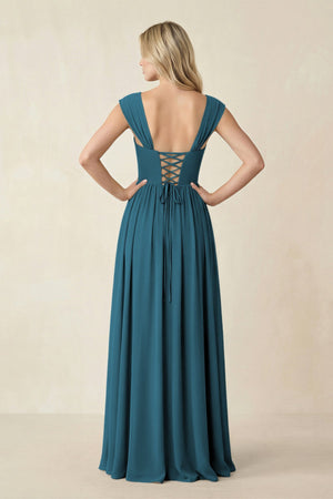 Cap Sleeve Corset A - Line Chiffon Bridesmaid Dress in Dark Teal - SHE IS ME Bridesmaid Dresses