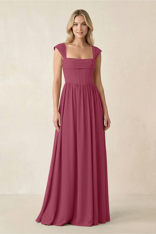 Cap Sleeve Corset A - Line Chiffon Bridesmaid Dress in Desert Rose - SHE IS ME Bridesmaid Dresses