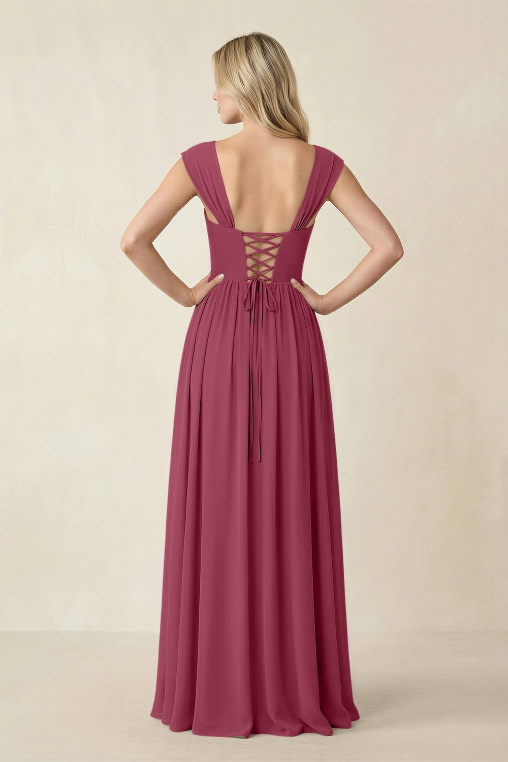 Cap Sleeve Corset A - Line Chiffon Bridesmaid Dress in Desert Rose - KISS BRIDAL Bridesmaid Dresses