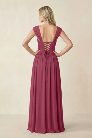 Cap Sleeve Corset A - Line Chiffon Bridesmaid Dress in Desert Rose - SHE IS ME Bridesmaid Dresses