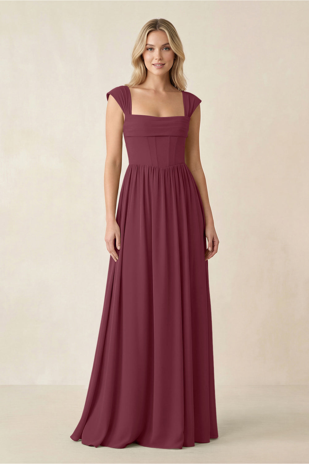 Cap Sleeve Corset A-Line Chiffon Bridesmaid Dress in Desert Rose