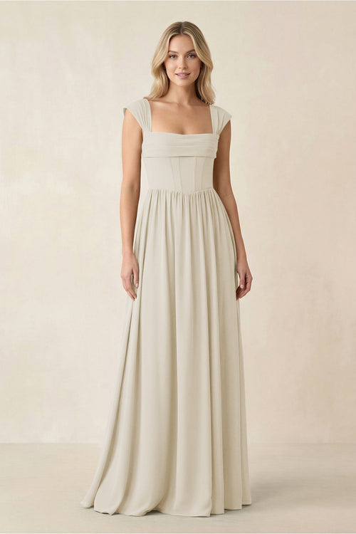 Cap Sleeve Corset A - Line Chiffon Bridesmaid Dress in Dove Gray - SHE IS ME Bridesmaid Dresses