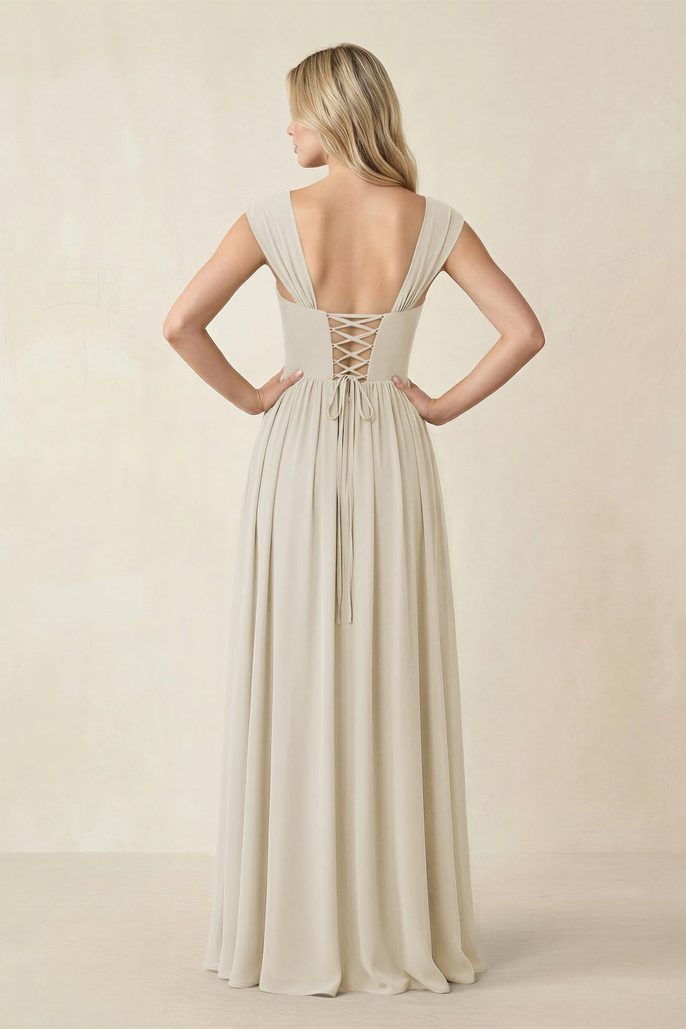 Cap Sleeve Corset A - Line Chiffon Bridesmaid Dress in Dove Gray - KISS BRIDAL Bridesmaid Dresses