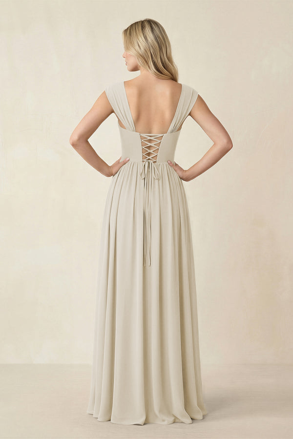 Cap Sleeve Corset A - Line Chiffon Bridesmaid Dress in Dove Gray - SHE IS ME Bridesmaid Dresses