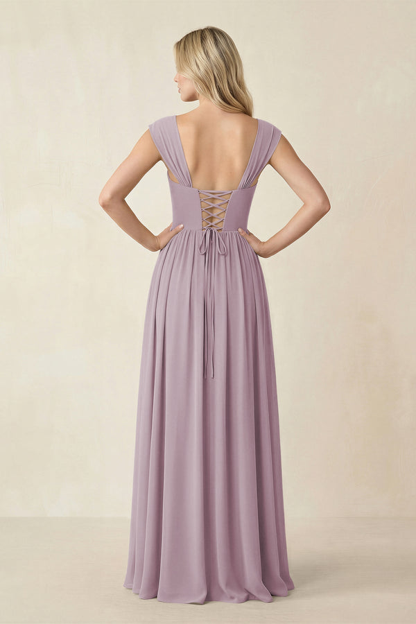 Cap Sleeve Corset A - Line Chiffon Bridesmaid Dress in Dusk - SHE IS ME Bridesmaid Dresses