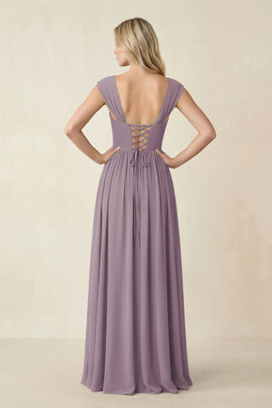 Cap Sleeve Corset A-Line Chiffon Bridesmaid Dress in Dusk (2) | KISSBRIDAL
