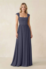 Cap Sleeve Corset A - Line Chiffon Bridesmaid Dress in Dusk Blue - KISS BRIDAL Bridesmaid Dresses