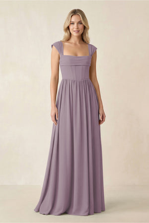 Cap Sleeve Corset A-Line Chiffon Bridesmaid Dress in Dusk | KISSBRIDAL