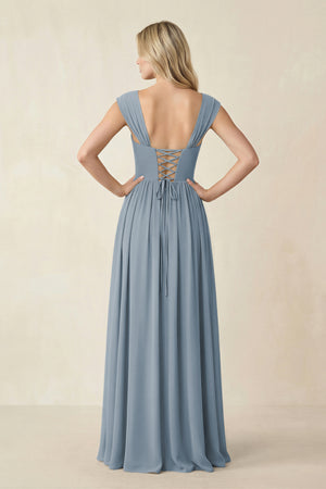 Cap Sleeve Corset A-Line Chiffon Bridesmaid Dress in Dusty Blue (2) | KISSBRIDAL