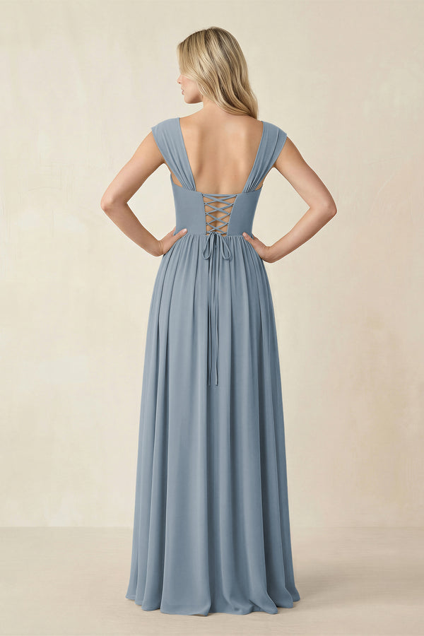 Cap Sleeve Corset A-Line Chiffon Bridesmaid Dress in Dusty Blue (2) | KISSBRIDAL