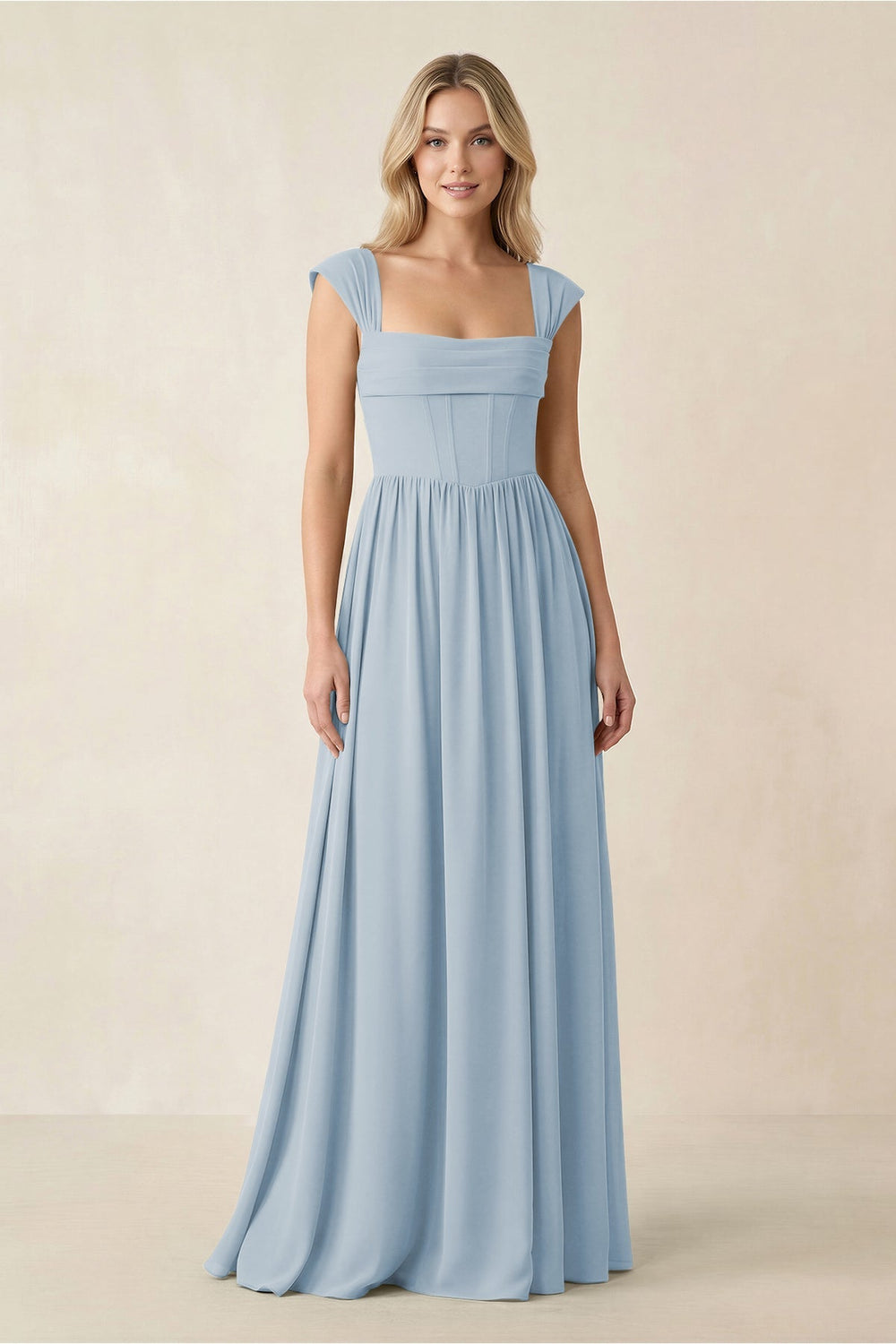 Cap Sleeve Corset A - Line Chiffon Bridesmaid Dress in Dusty Blue - KISS BRIDAL Bridesmaid Dresses