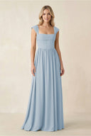 Cap Sleeve Corset A - Line Chiffon Bridesmaid Dress in Dusty Blue - SHE IS ME Bridesmaid Dresses