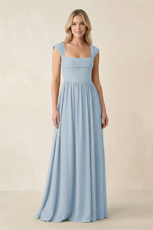 Cap Sleeve Corset A - Line Chiffon Bridesmaid Dress in Dusty Blue - SHE IS ME Bridesmaid Dresses