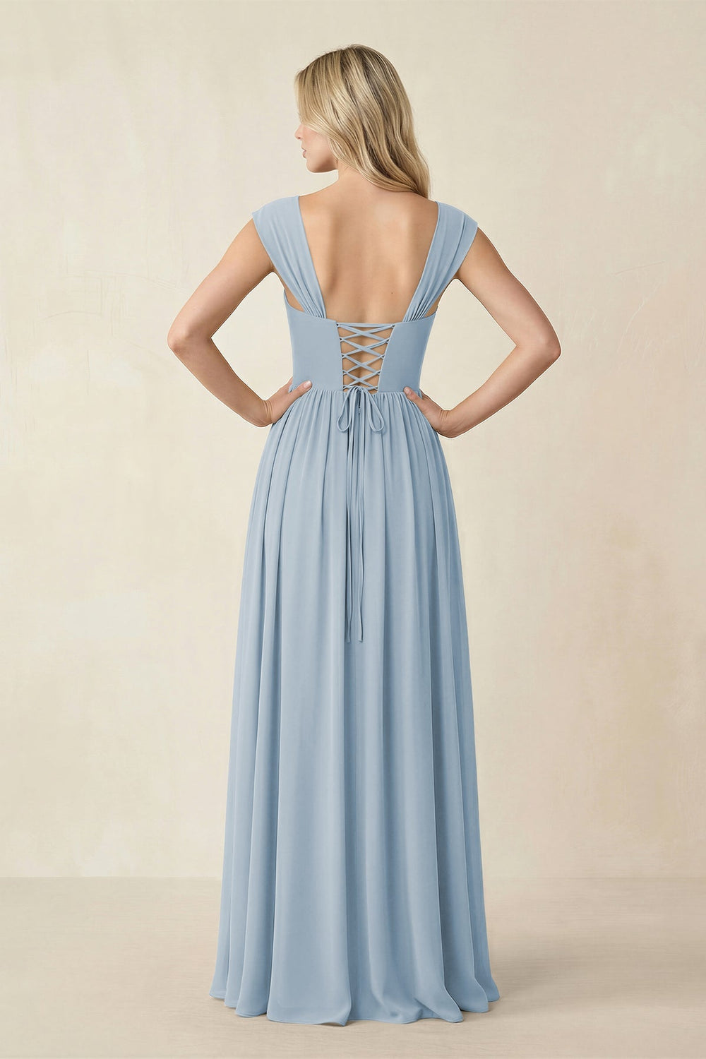 Cap Sleeve Corset A - Line Chiffon Bridesmaid Dress in Dusty Blue - KISS BRIDAL Bridesmaid Dresses
