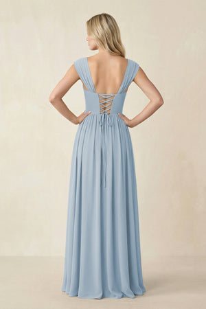 Cap Sleeve Corset A - Line Chiffon Bridesmaid Dress in Dusty Blue - SHE IS ME Bridesmaid Dresses