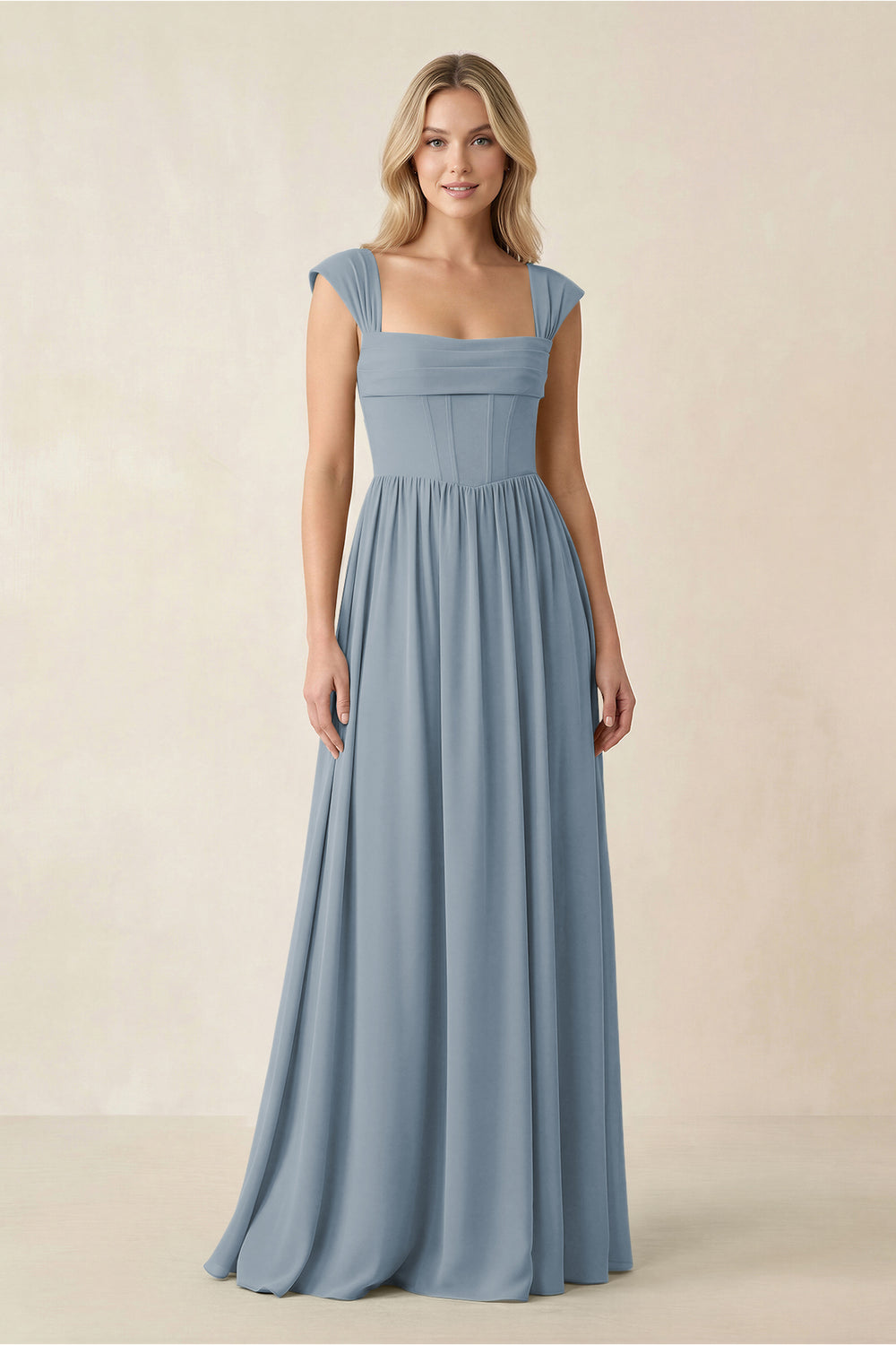 Cap Sleeve Corset A-Line Chiffon Bridesmaid Dress in Dusty Blue