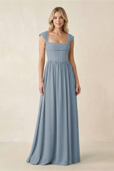 Cap Sleeve Corset A-Line Chiffon Bridesmaid Dress in Dusty Blue | KISSBRIDAL