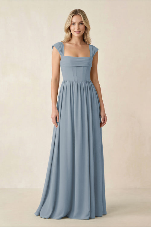 Cap Sleeve Corset A-Line Chiffon Bridesmaid Dress in Dusty Blue | KISSBRIDAL