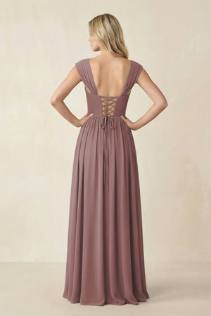 Cap Sleeve Corset A-Line Chiffon Bridesmaid Dress in Dusty Rose (2) | KISSBRIDAL
