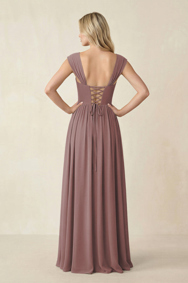 Cap Sleeve Corset A-Line Chiffon Bridesmaid Dress in Dusty Rose (2) | KISSBRIDAL