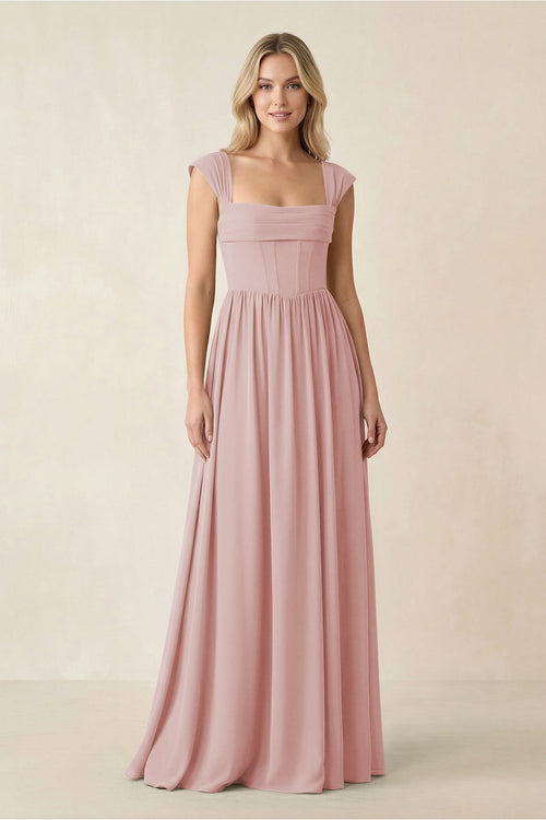 Cap Sleeve Corset A - Line Chiffon Bridesmaid Dress in Dusty Rose - SHE IS ME Bridesmaid Dresses