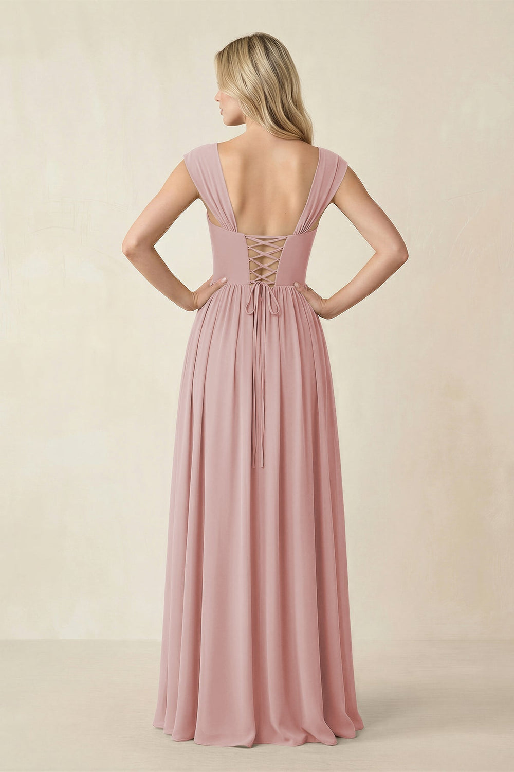 Cap Sleeve Corset A - Line Chiffon Bridesmaid Dress in Dusty Rose - KISS BRIDAL Bridesmaid Dresses