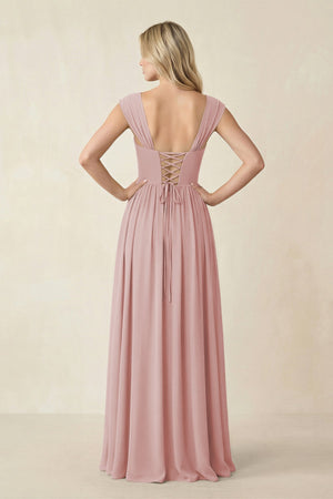 Cap Sleeve Corset A - Line Chiffon Bridesmaid Dress in Dusty Rose - SHE IS ME Bridesmaid Dresses