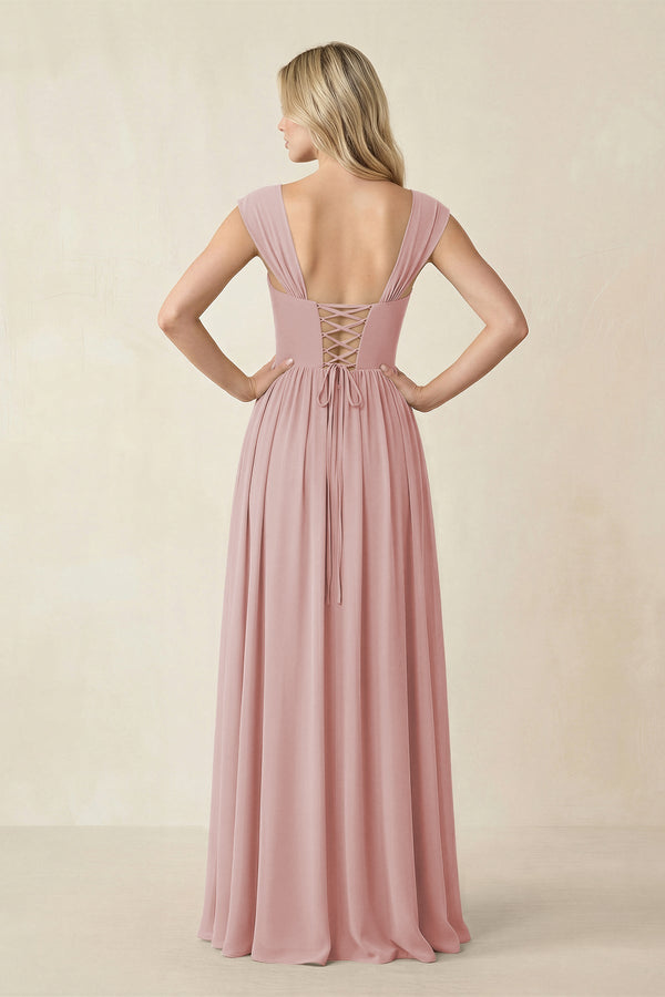 Cap Sleeve Corset A - Line Chiffon Bridesmaid Dress in Dusty Rose - SHE IS ME Bridesmaid Dresses