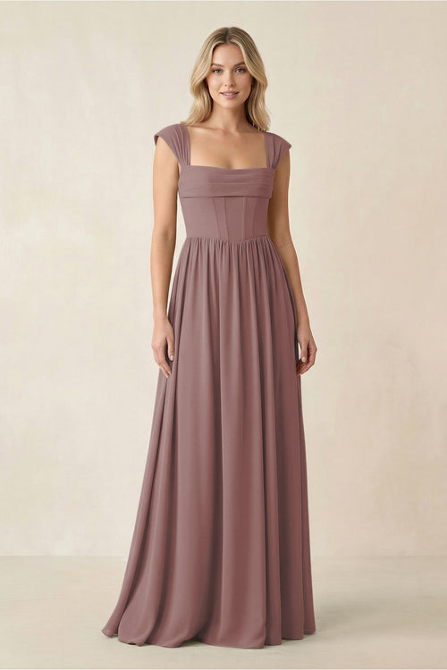 Cap Sleeve Corset A-Line Chiffon Bridesmaid Dress in Dusty Rose | KISSBRIDAL