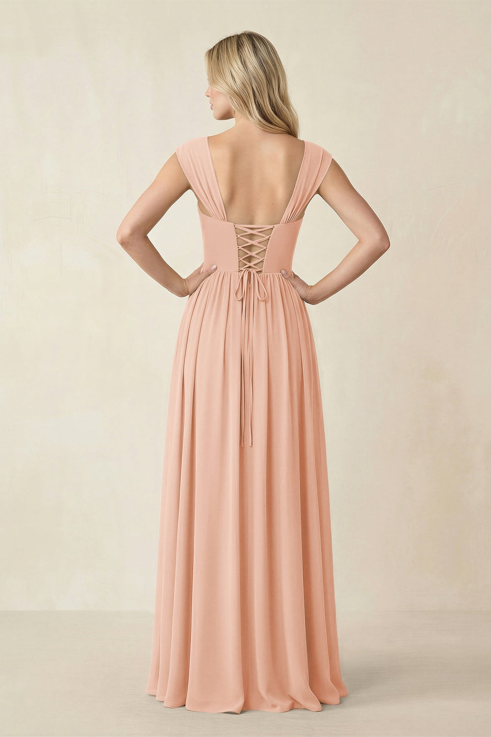 Cap Sleeve Corset A - Line Chiffon Bridesmaid Dress in English Rose - KISS BRIDAL Bridesmaid Dresses