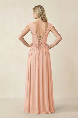 Cap Sleeve Corset A - Line Chiffon Bridesmaid Dress in English Rose - SHE IS ME Bridesmaid Dresses