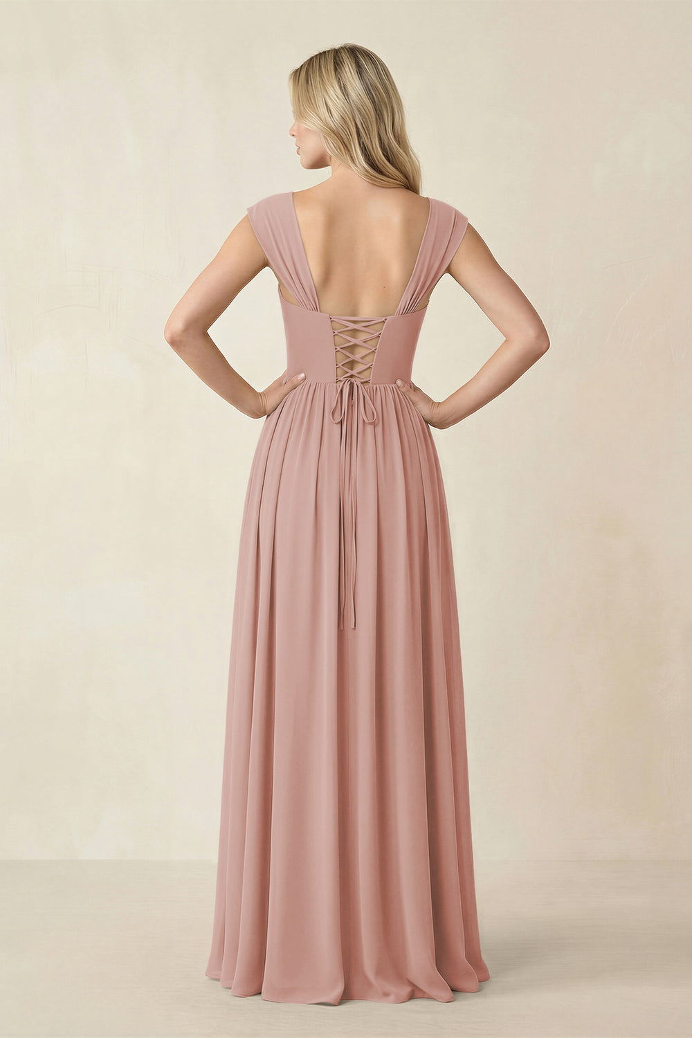 Cap Sleeve Corset A-Line Chiffon Bridesmaid Dress in English Rose