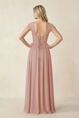 Cap Sleeve Corset A-Line Chiffon Bridesmaid Dress in English Rose (2) | KISSBRIDAL