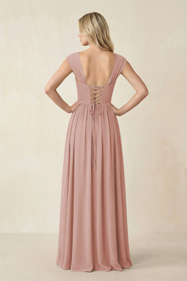 Cap Sleeve Corset A-Line Chiffon Bridesmaid Dress in English Rose (2) | KISSBRIDAL
