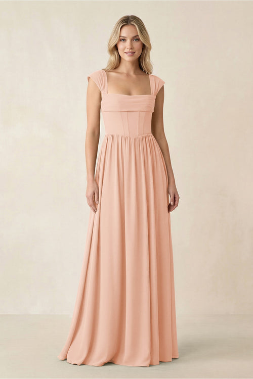 Cap Sleeve Corset A - Line Chiffon Bridesmaid Dress in English Rose - SHE IS ME Bridesmaid Dresses