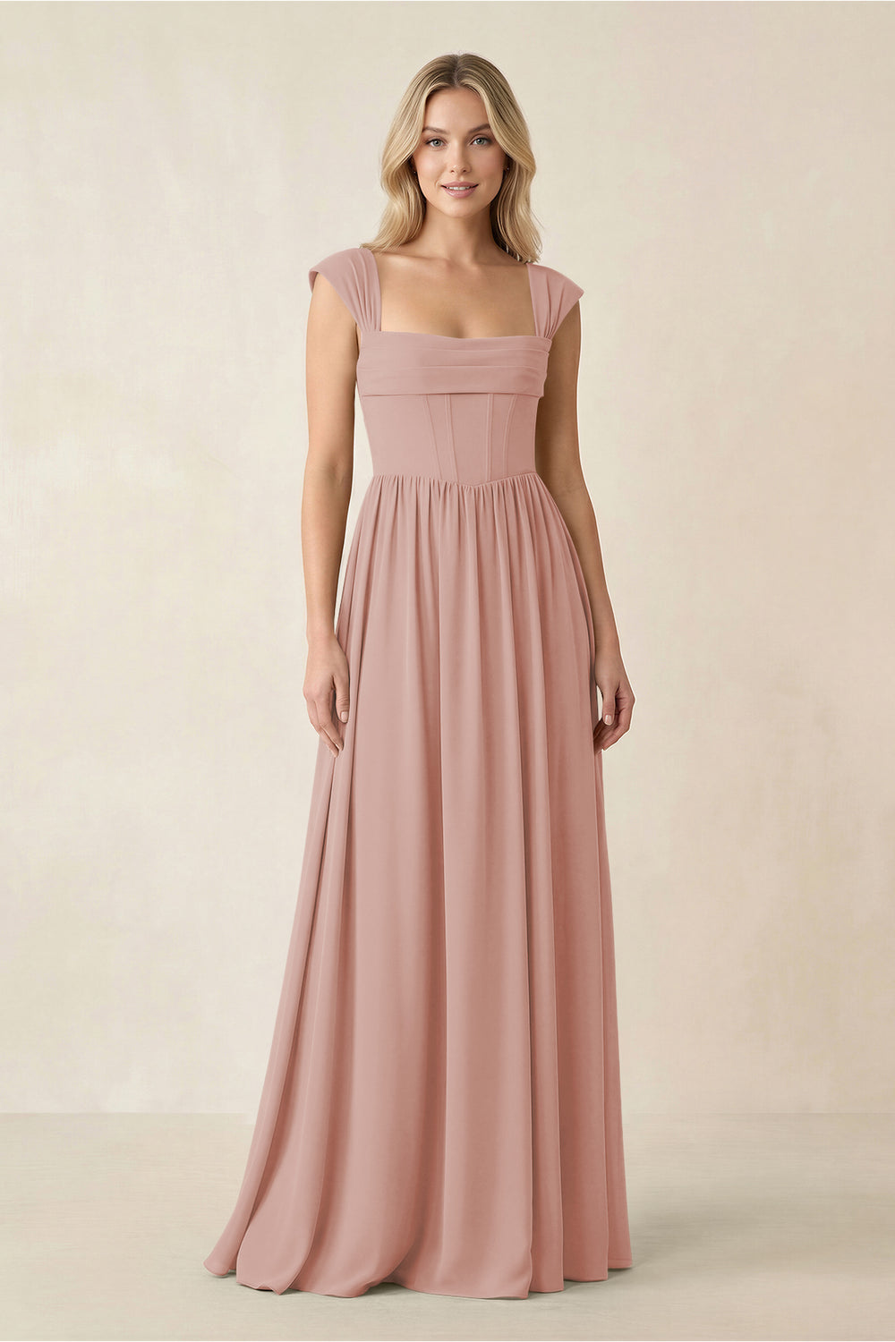 Cap Sleeve Corset A-Line Chiffon Bridesmaid Dress in English Rose
