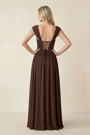 Cap Sleeve Corset A - Line Chiffon Bridesmaid Dress in Espresso - SHE IS ME Bridesmaid Dresses