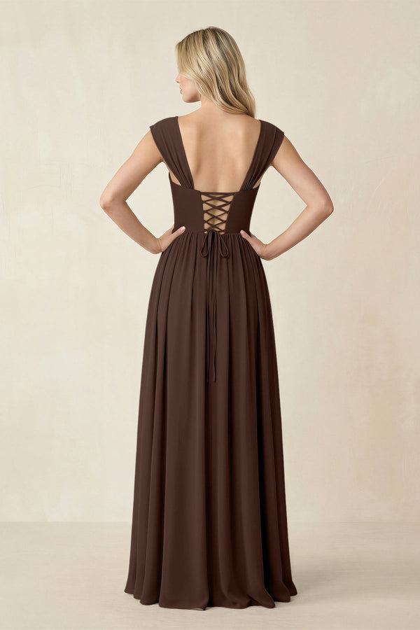 Cap Sleeve Corset A - Line Chiffon Bridesmaid Dress in Espresso - SHE IS ME Bridesmaid Dresses