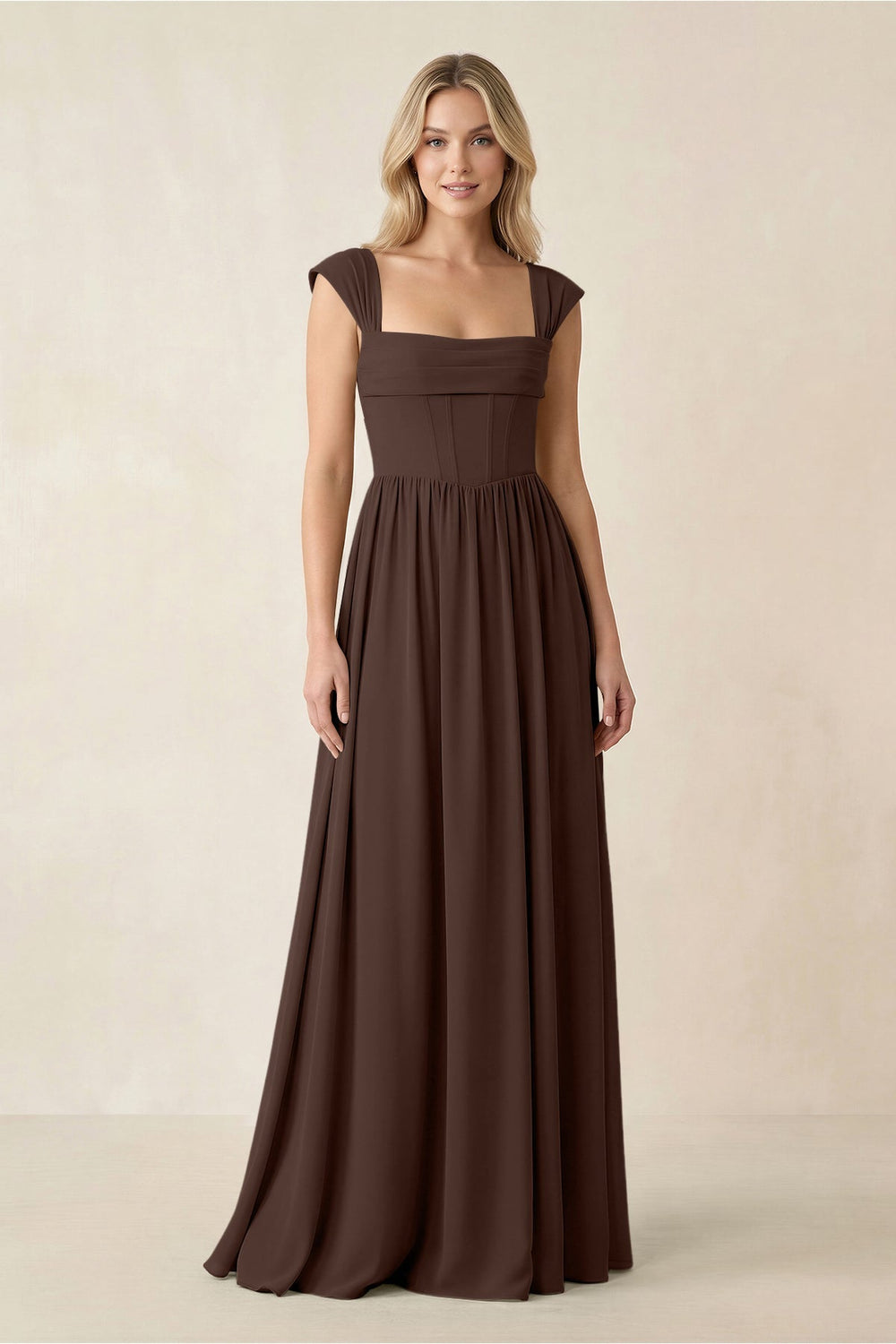 Cap Sleeve Corset A - Line Chiffon Bridesmaid Dress in Espresso - KISS BRIDAL Bridesmaid Dresses