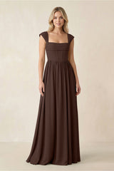 Cap Sleeve Corset A - Line Chiffon Bridesmaid Dress in Espresso - KISS BRIDAL Bridesmaid Dresses