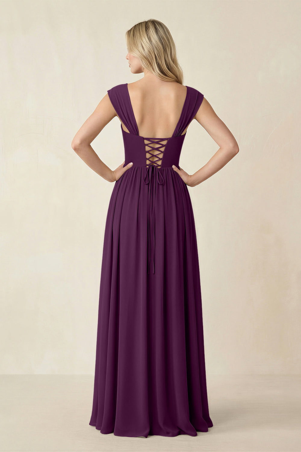 Cap Sleeve Corset A-Line Chiffon Bridesmaid Dress in Fig