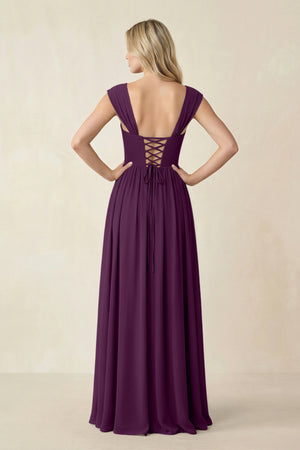 Cap Sleeve Corset A-Line Chiffon Bridesmaid Dress in Fig (2) | KISSBRIDAL