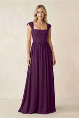 Cap Sleeve Corset A-Line Chiffon Bridesmaid Dress in Fig | KISSBRIDAL