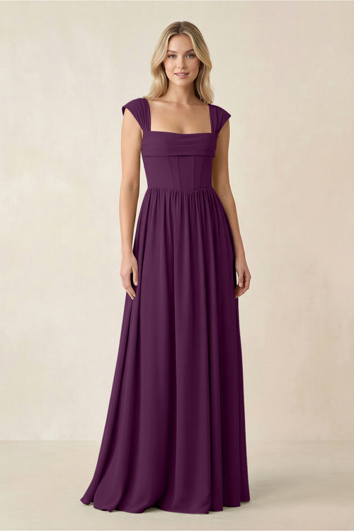 Cap Sleeve Corset A-Line Chiffon Bridesmaid Dress in Fig | KISSBRIDAL