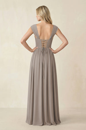 Cap Sleeve Corset A-Line Chiffon Bridesmaid Dress in Frost (2) | KISSBRIDAL