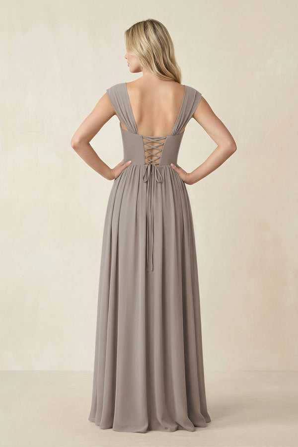 Cap Sleeve Corset A-Line Chiffon Bridesmaid Dress in Frost (2) | KISSBRIDAL