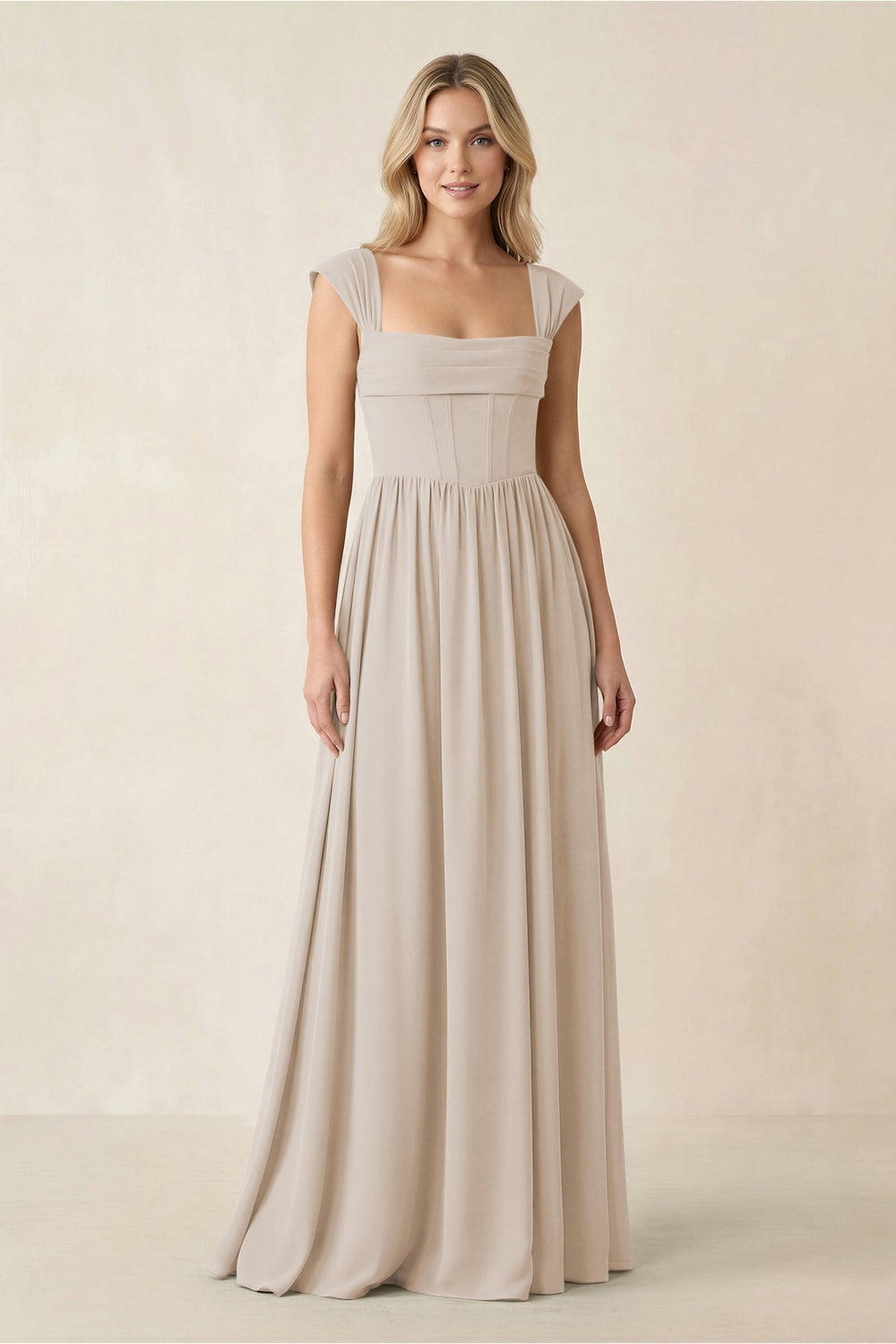 Cap Sleeve Corset A - Line Chiffon Bridesmaid Dress in Frost - KISS BRIDAL Bridesmaid Dresses