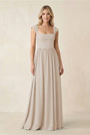 Cap Sleeve Corset A - Line Chiffon Bridesmaid Dress in Frost - SHE IS ME Bridesmaid Dresses